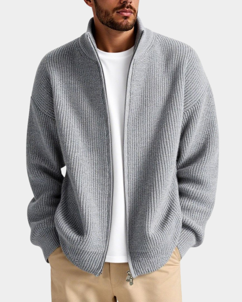 Relaxed Men's Fall Jacket in Ribbed Knit in Gray