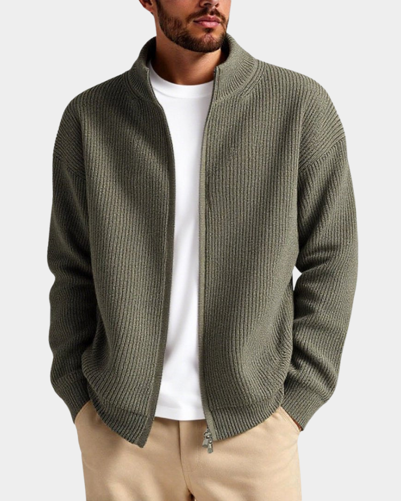 Relaxed Men's Fall Jacket in Ribbed Knit in Grey