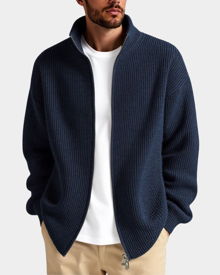 Relaxed Men's Fall Jacket in Ribbed Knit in Navy Blue