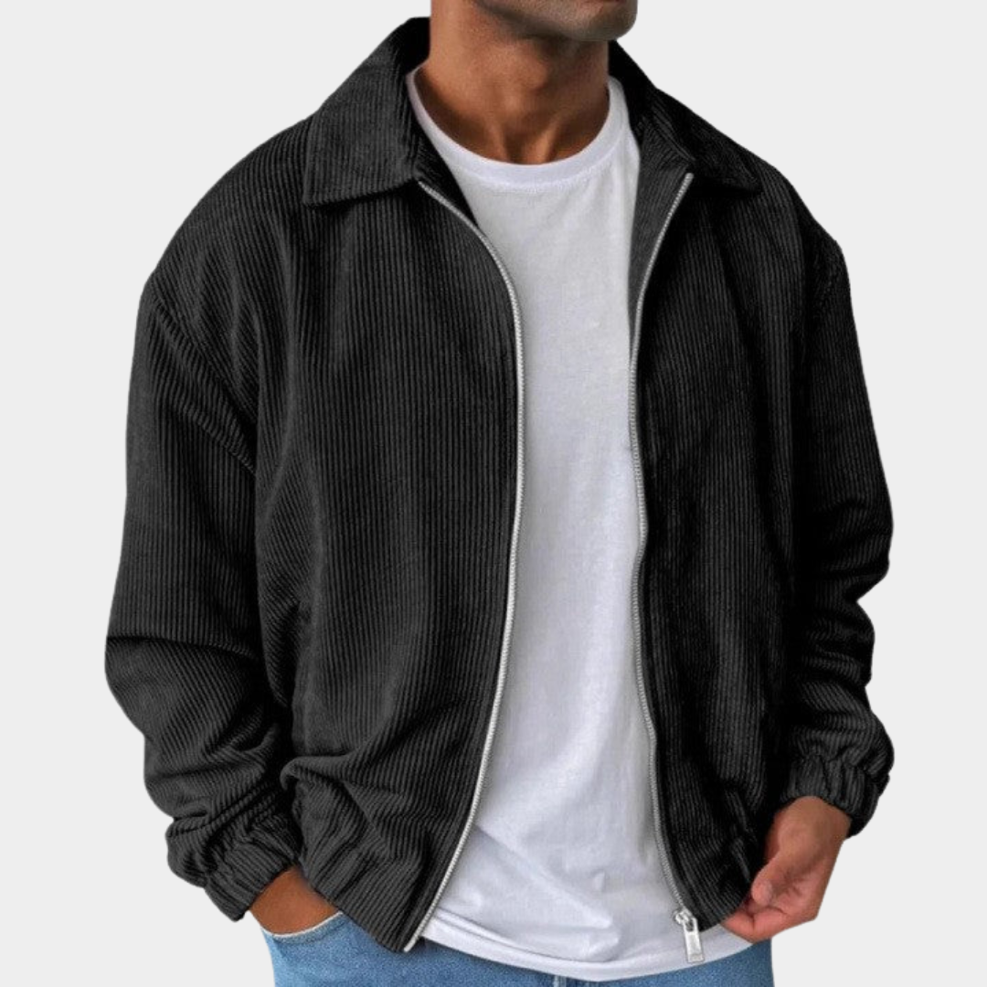 Relaxed Men's Fall Jacket with Corduroy Texture in Black