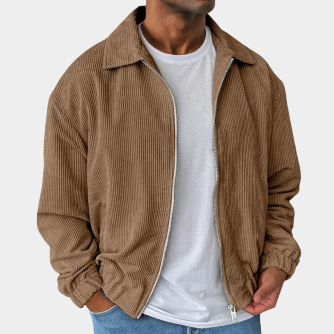 Relaxed Men's Fall Jacket with Corduroy Texture in Brown