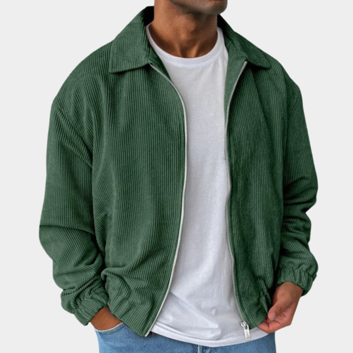 Relaxed Men's Fall Jacket with Corduroy Texture in Green