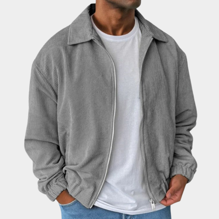 Relaxed Men's Fall Jacket with Corduroy Texture in Grey