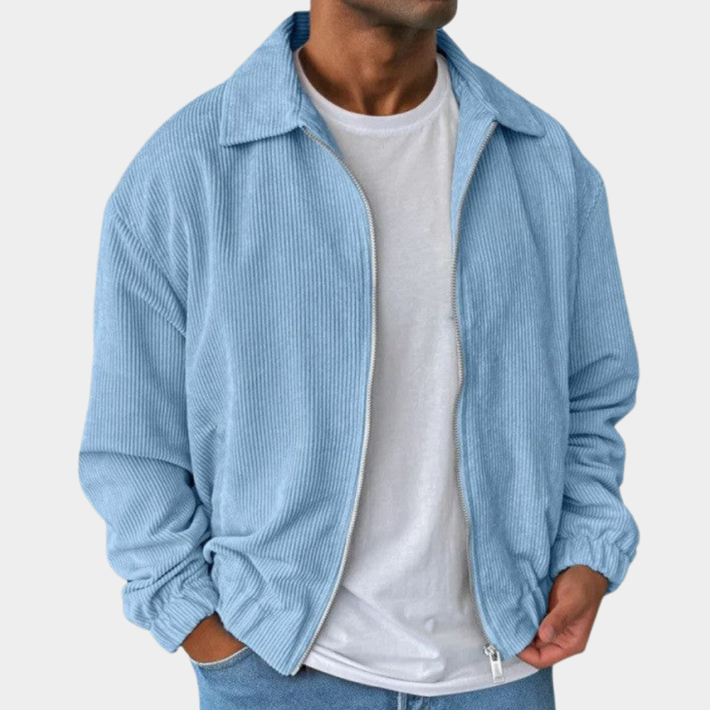Relaxed Men's Fall Jacket with Corduroy Texture in Light Blue