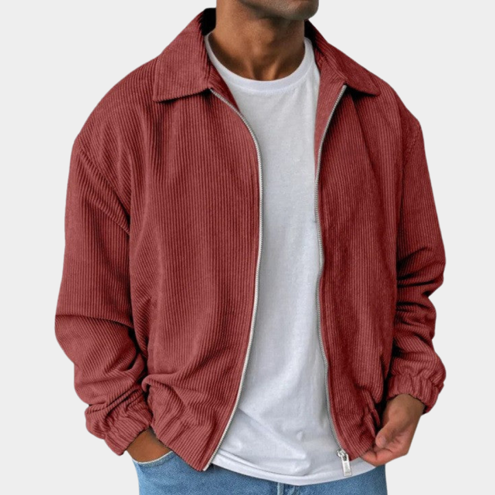 Relaxed Men's Fall Jacket with Corduroy Texture in Red