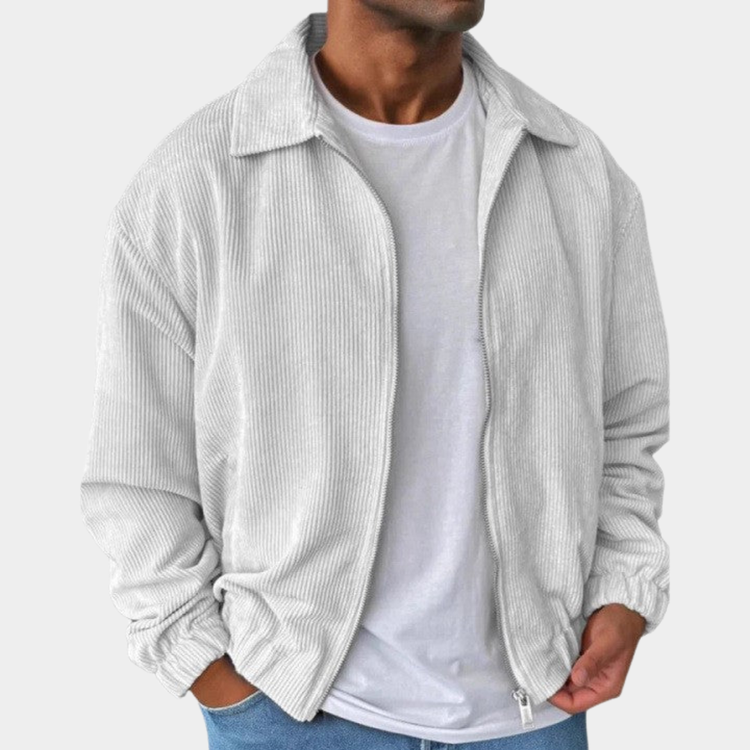 Relaxed Men's Fall Jacket with Corduroy Texture in White