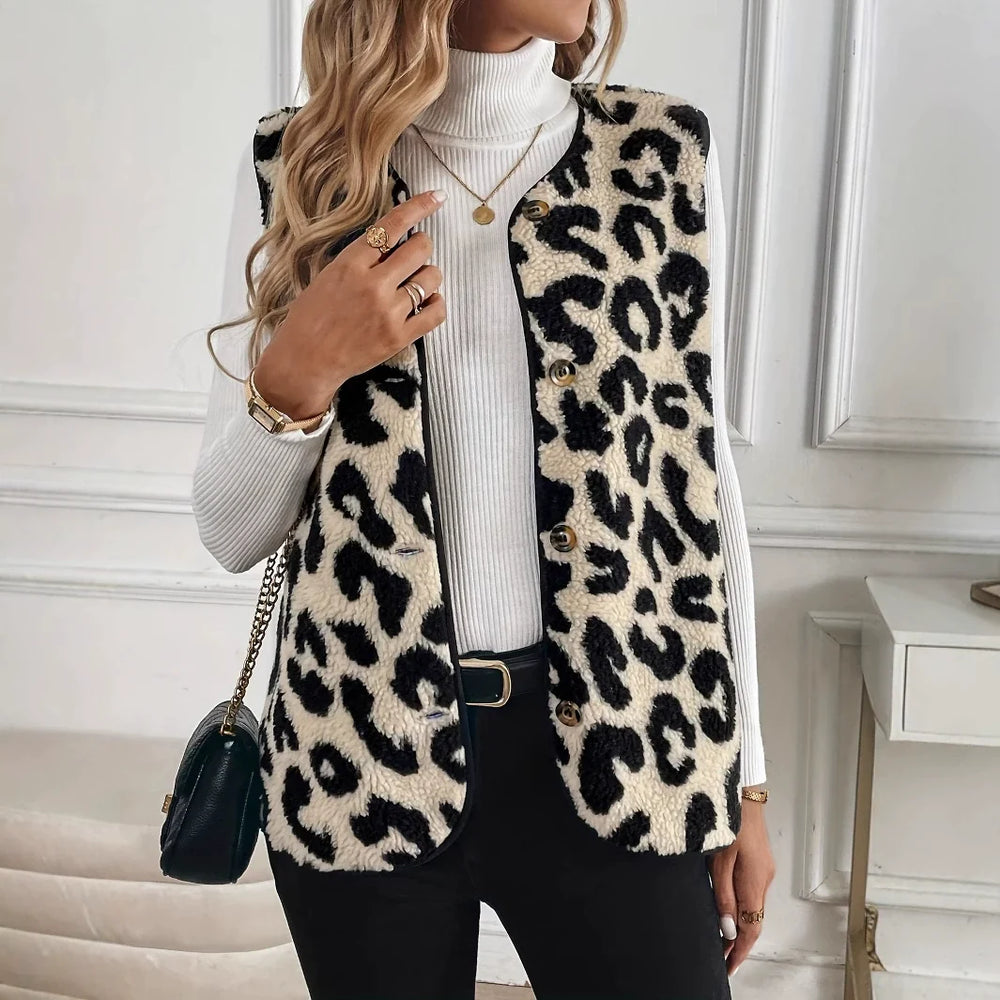 Sleeveless Women's Knit Jacket with Pattern in Beige