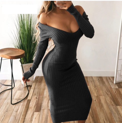 Stretchy Knitted Dress for Fall Occasions in Black