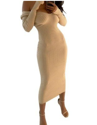 Stretchy Knitted Dress for Fall Occasions in Kakipflaume