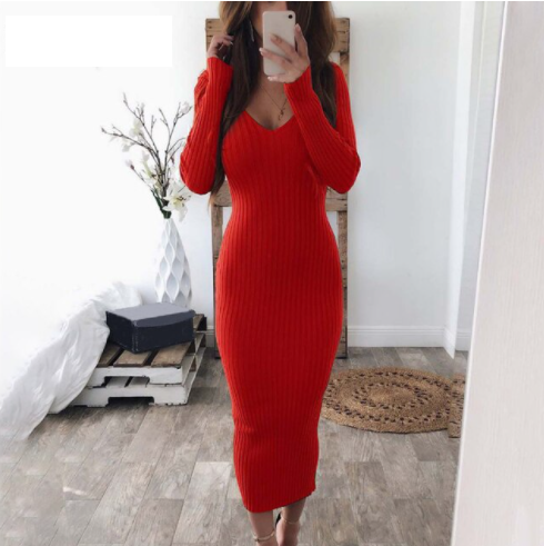 Stretchy Knitted Dress for Fall Occasions in Red