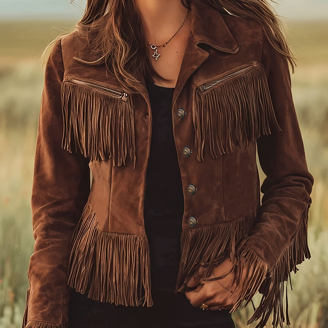 Tailored Women's Fall Jacket with Western Fringe in Dark Brown