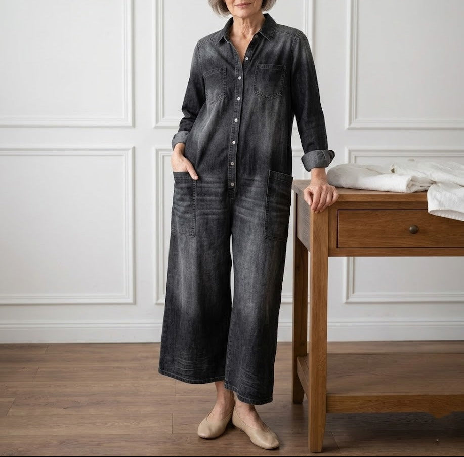 Vintage-Washed Denim Jumpsuit