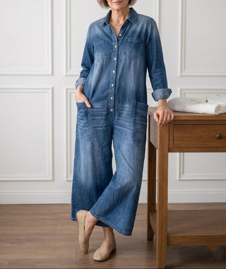 Vintage-Washed Denim Jumpsuit