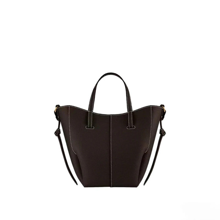 Minimalist Leather Tote Bag - Black with White Stitching