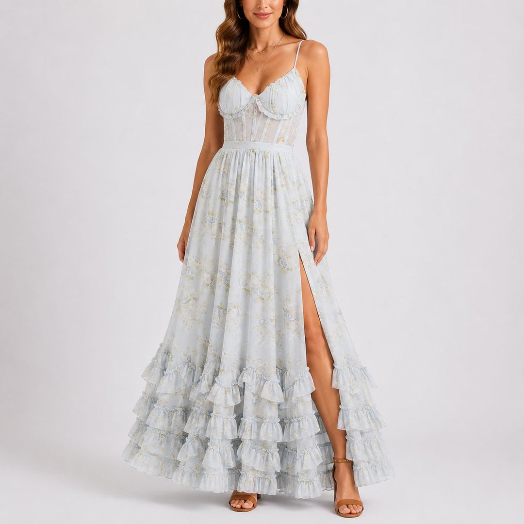 Women's A-Line Chiffon Maxi Fall Wedding Guest Dress in Blue