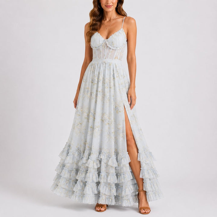 Women's A-Line Chiffon Maxi Fall Wedding Guest Dress in Blue