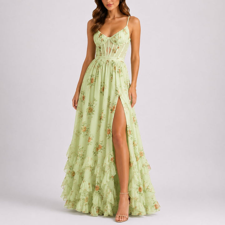 Women's A-Line Chiffon Maxi Fall Wedding Guest Dress in Green