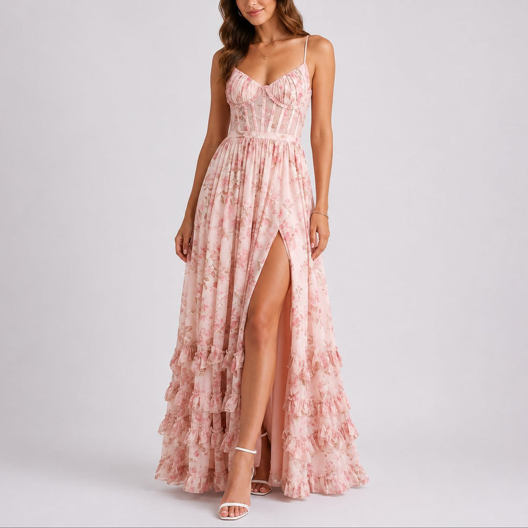 Women's A-Line Chiffon Maxi Fall Wedding Guest Dress in Pink