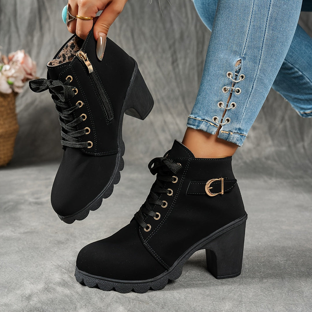 Women's Ankle Boots with Block Heel & Zip Closure in Black
