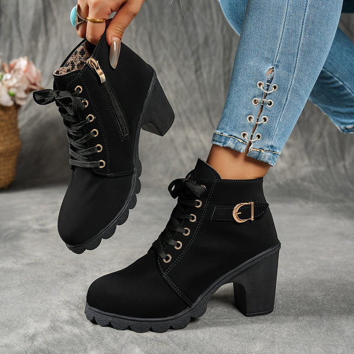 Women's Ankle Boots with Block Heel & Zip Closure in Black