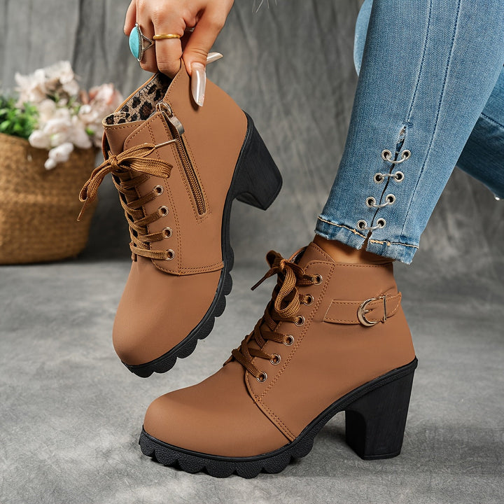 Women's Ankle Boots with Block Heel & Zip Closure in Brown