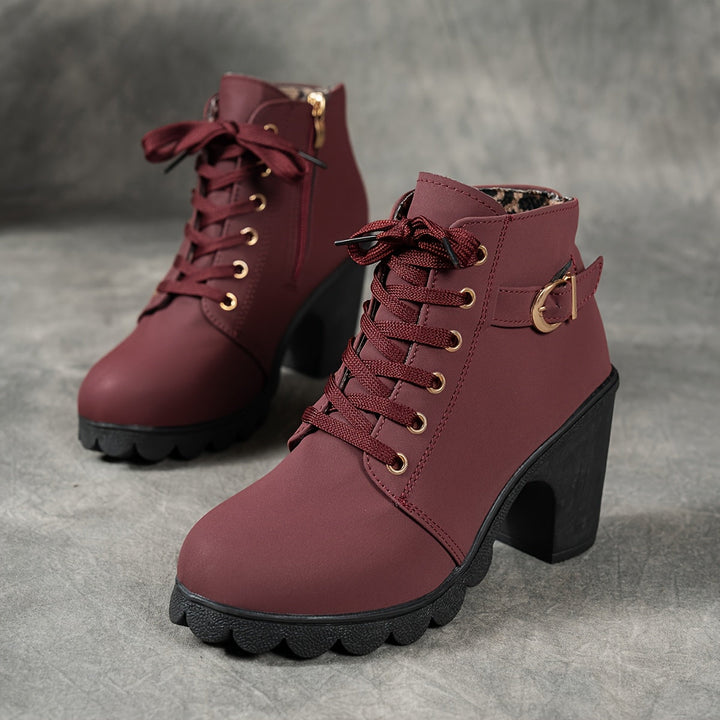 Women's Ankle Boots with Block Heel & Zip Closure in Burgundy