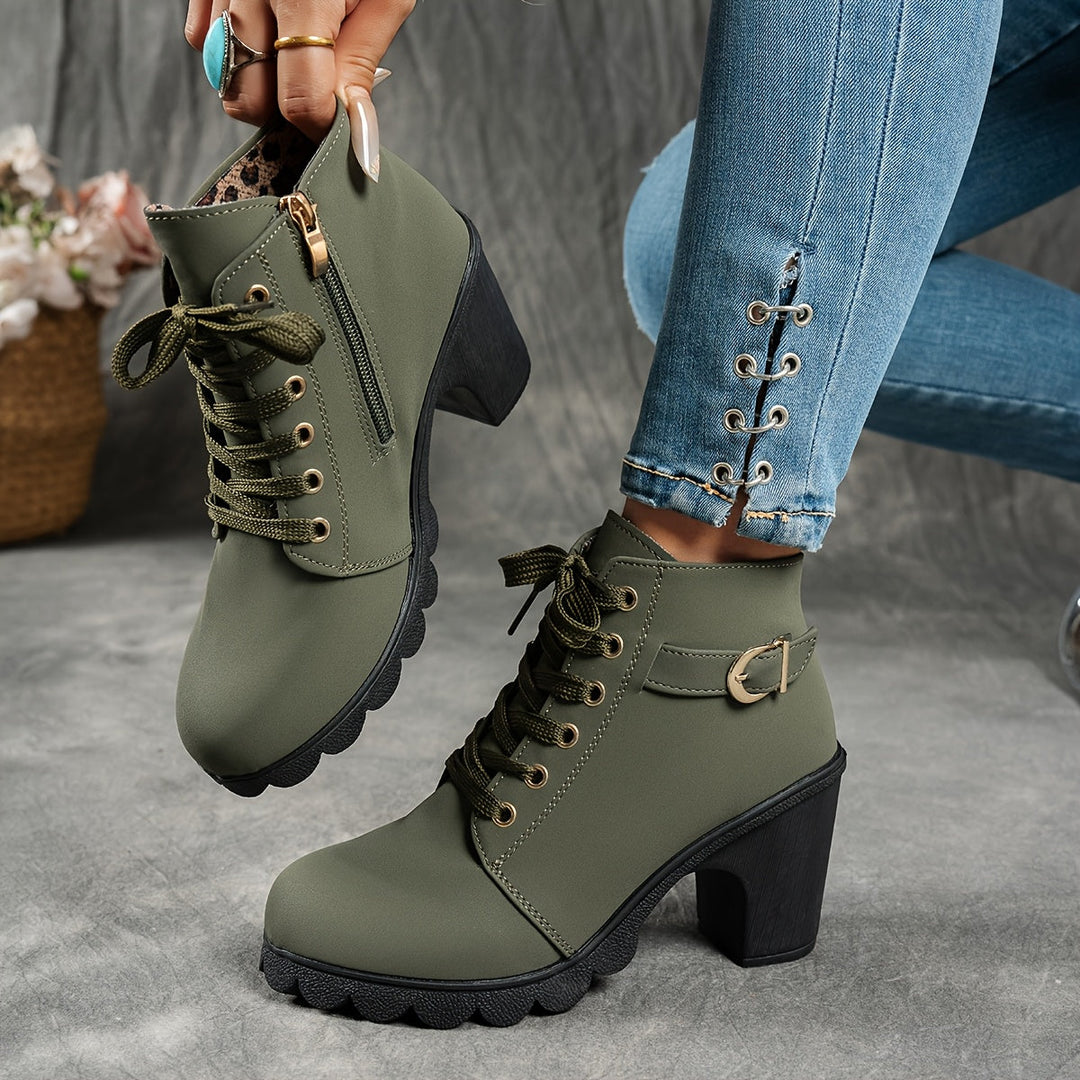 Women's Ankle Boots with Block Heel & Zip Closure in Green