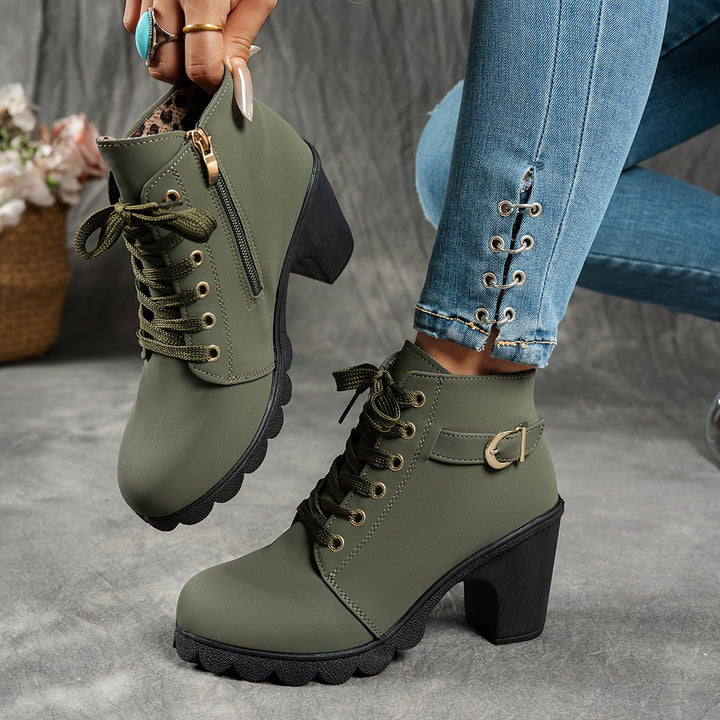 Women's Ankle Boots with Block Heel & Zip Closure in Green