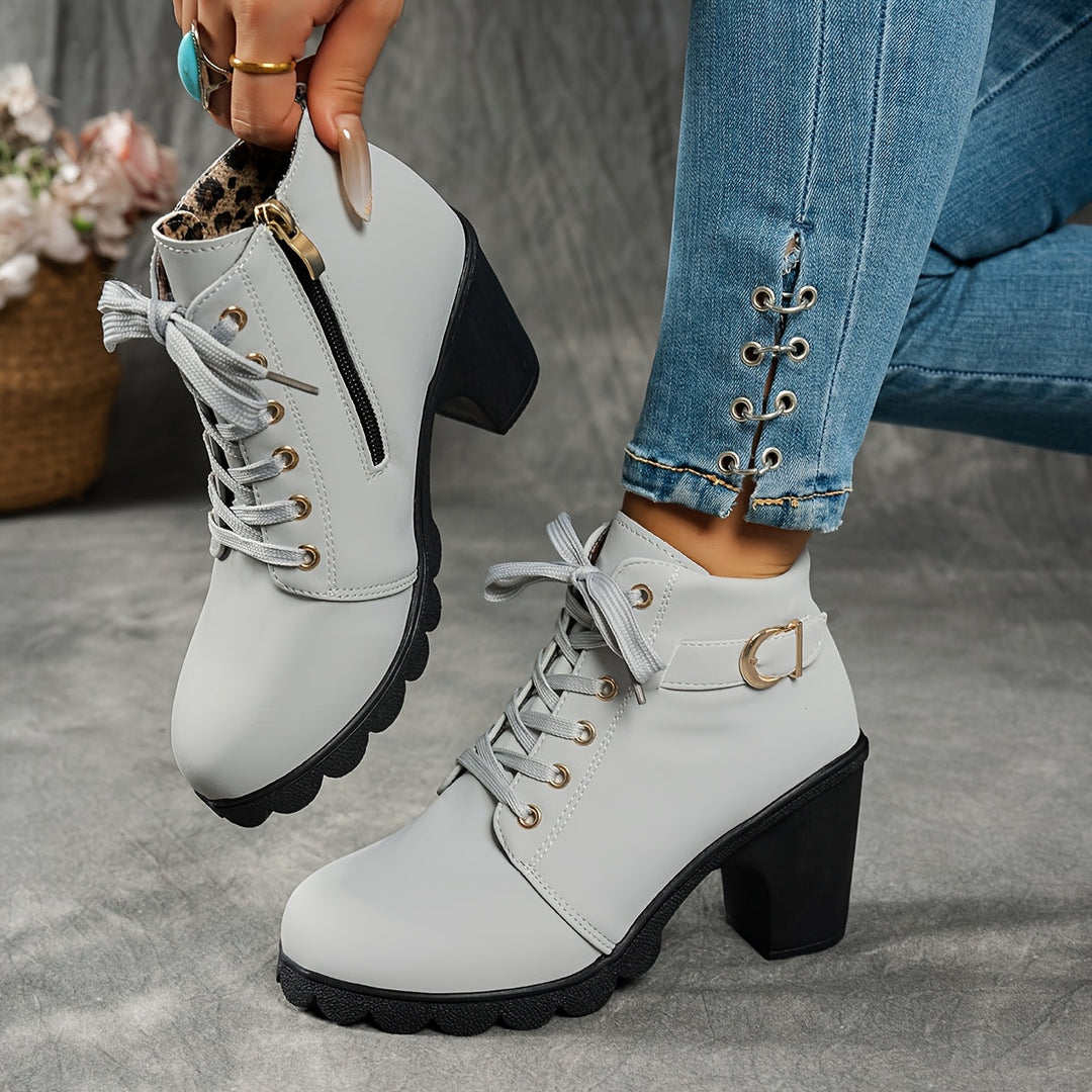 Women's Ankle Boots with Block Heel & Zip Closure in Grey