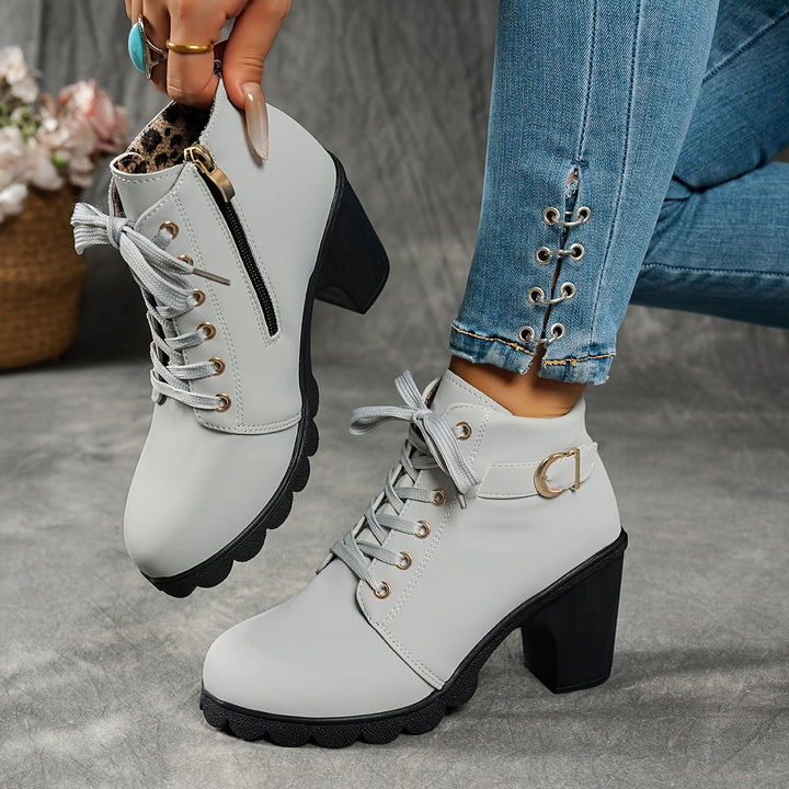Women's Ankle Boots with Block Heel & Zip Closure in Grey