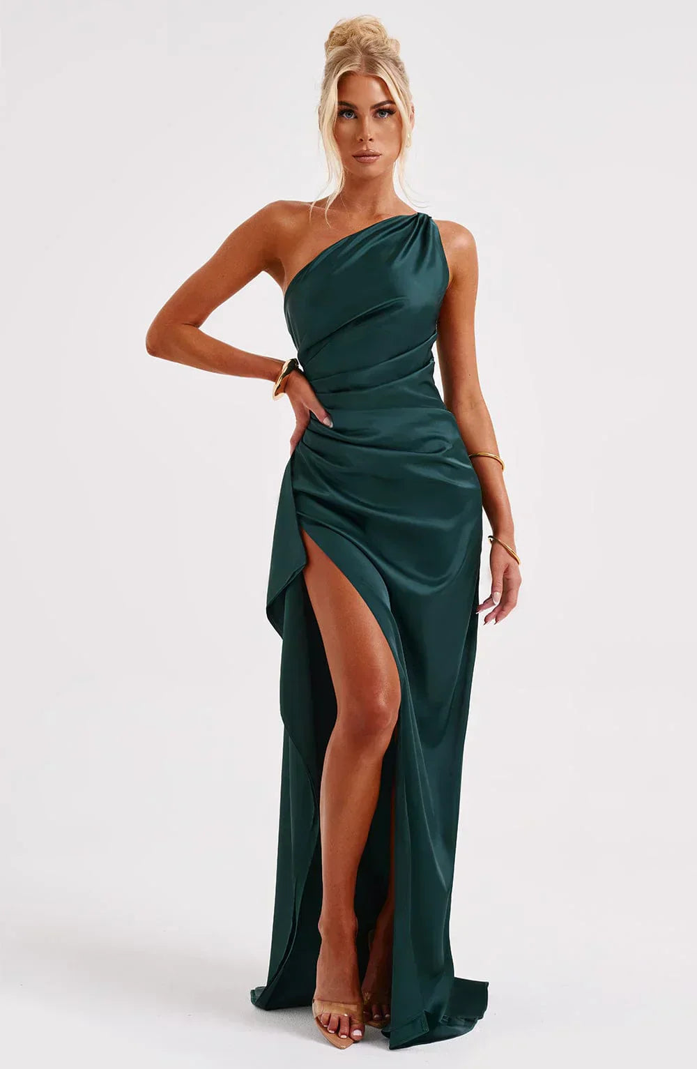 Women's Asymmetric Maxi Dress for Fall Weddings in Dark Teal Green