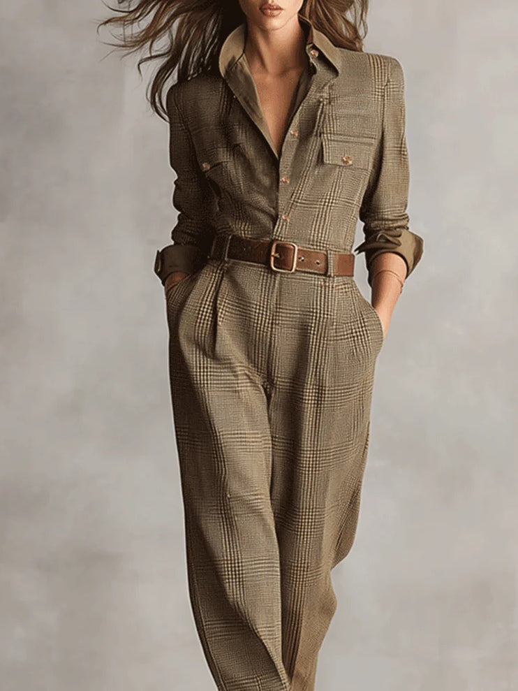 Women's Belted Fall Dress Plaid Jumpsuit (2)