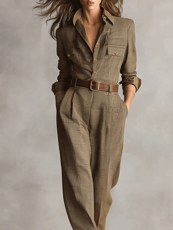 Women's Belted Fall Dress Plaid Jumpsuit (2)