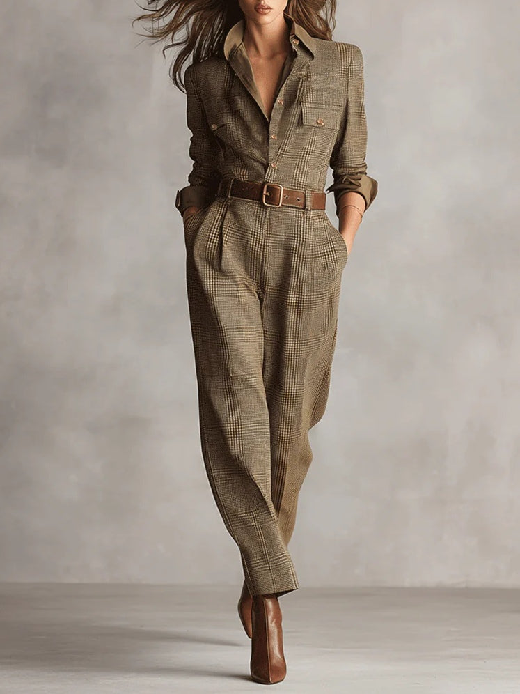 Women's Belted Fall Dress Plaid Jumpsuit in Brown