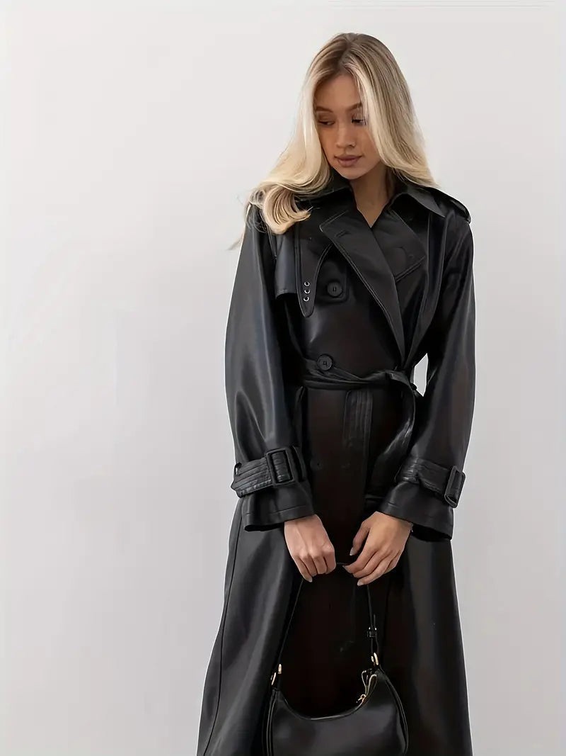Women's Belted Faux Leather Long Trenchcoat (2)