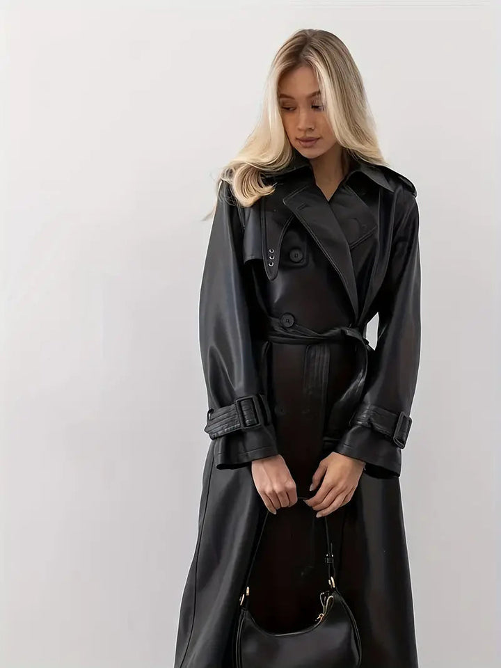 Women's Belted Faux Leather Long Trenchcoat (2)