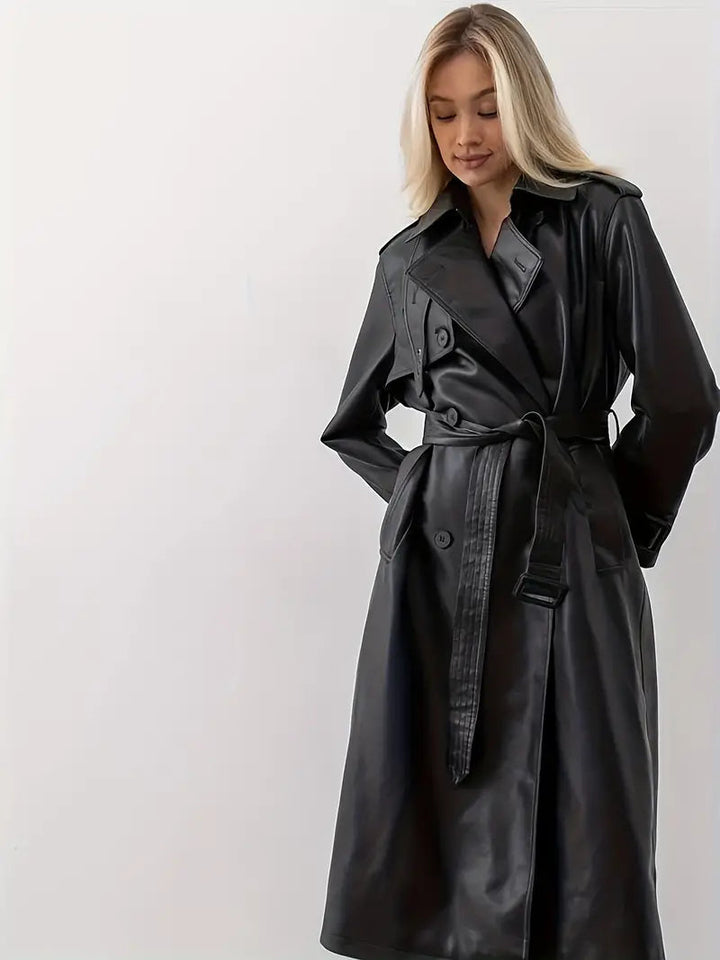 Women's Belted Faux Leather Long Trenchcoat (3)