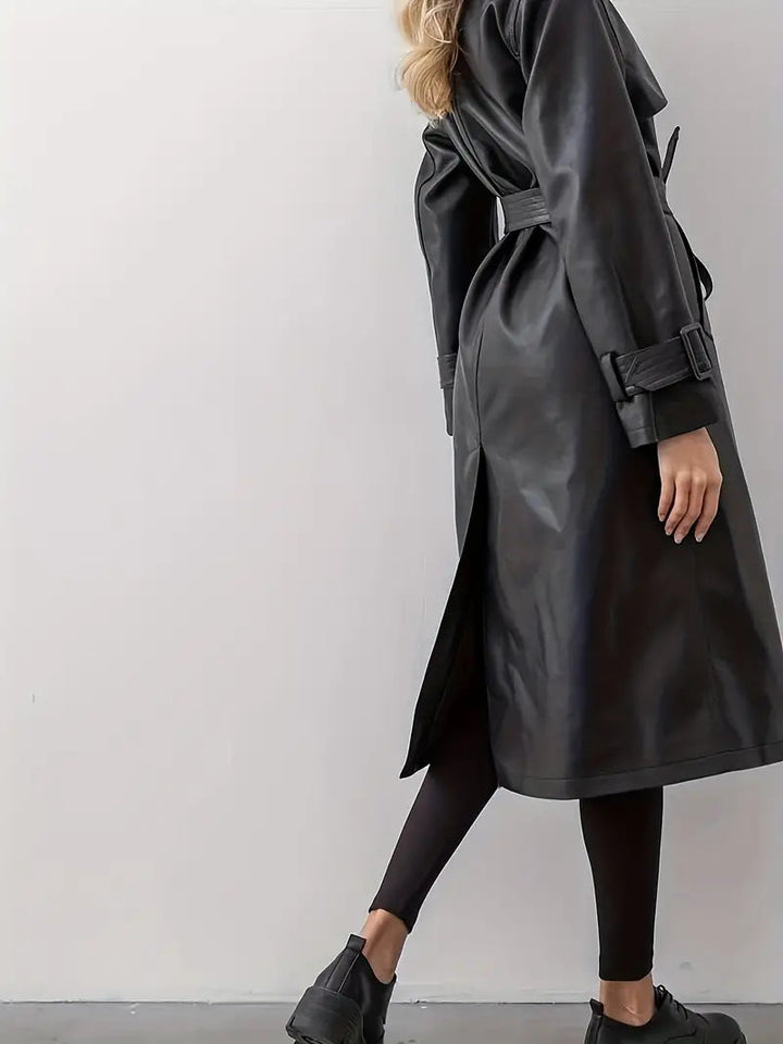 Women's Belted Faux Leather Long Trenchcoat (4)