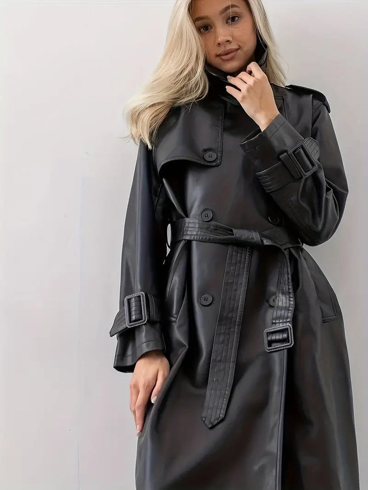 Women's Belted Faux Leather Long Trenchcoat (5)
