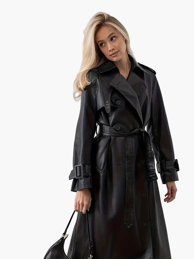Women's Belted Faux Leather Long Trenchcoat in Black