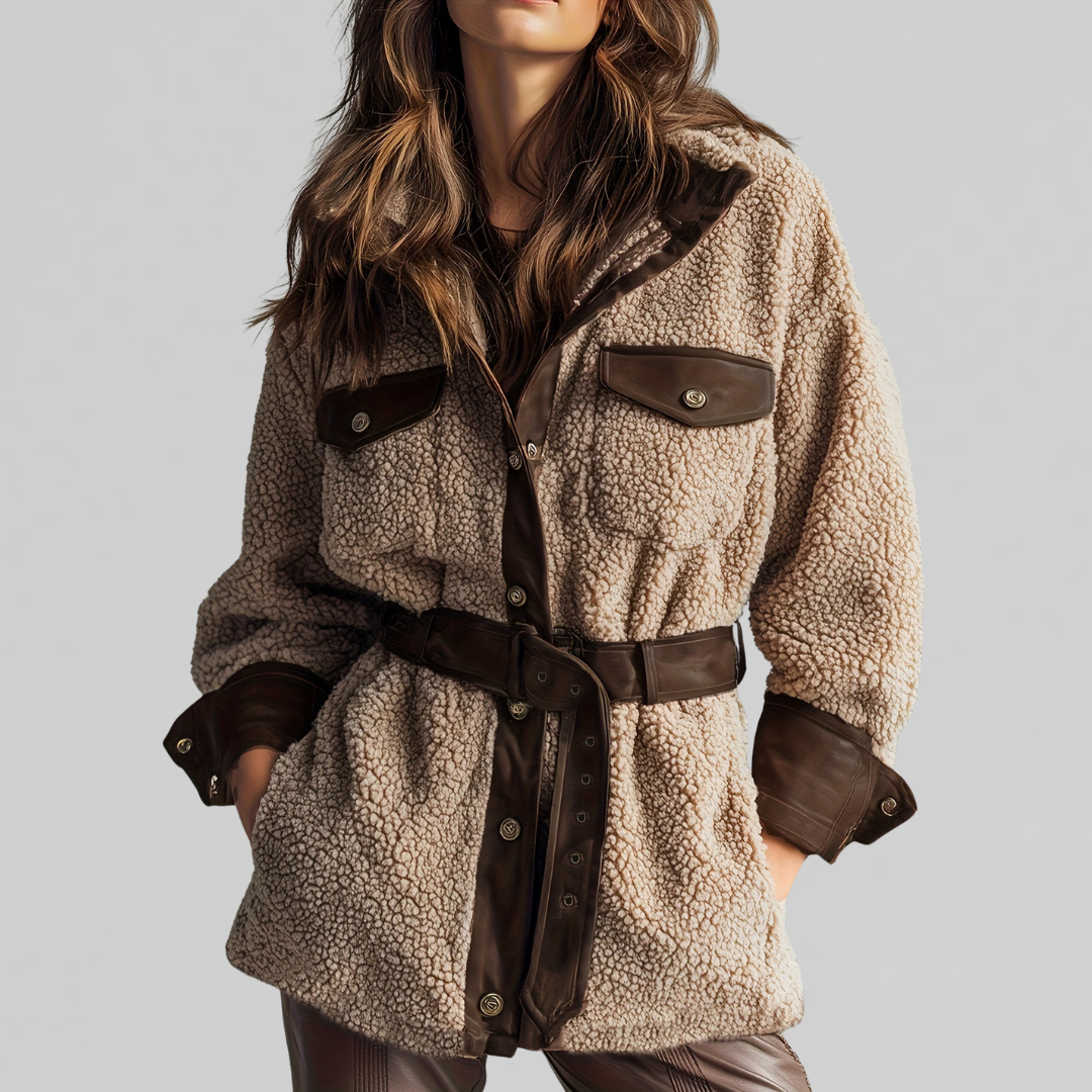 Women's Belted Teddy Jacket for Fall in Brown