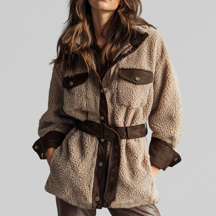 Women's Belted Teddy Jacket for Fall in Brown