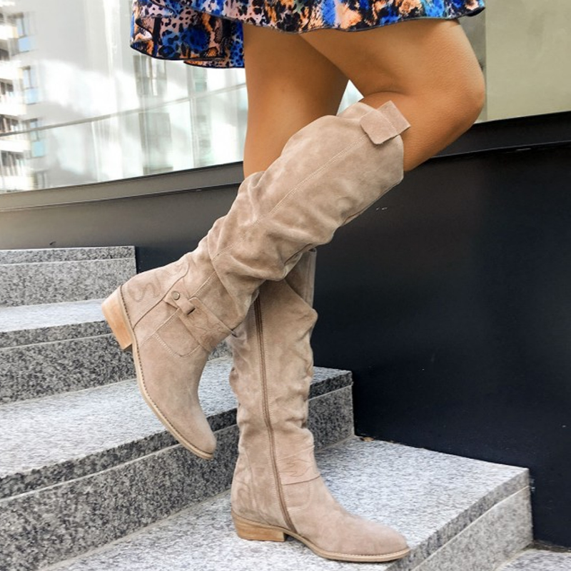 Women's Black Knee-High Casual Boots in Beige