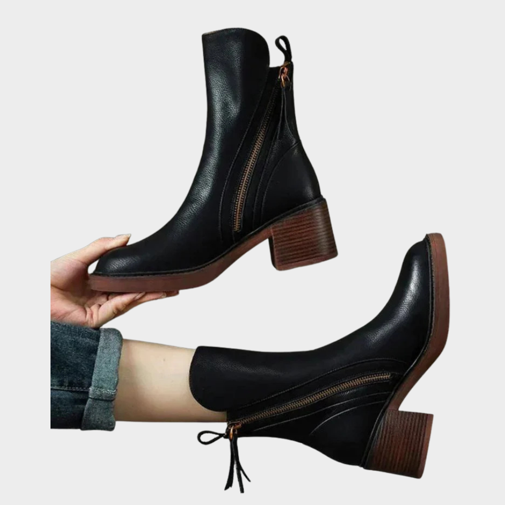 Women's Black Leather Ankle Boots in Black