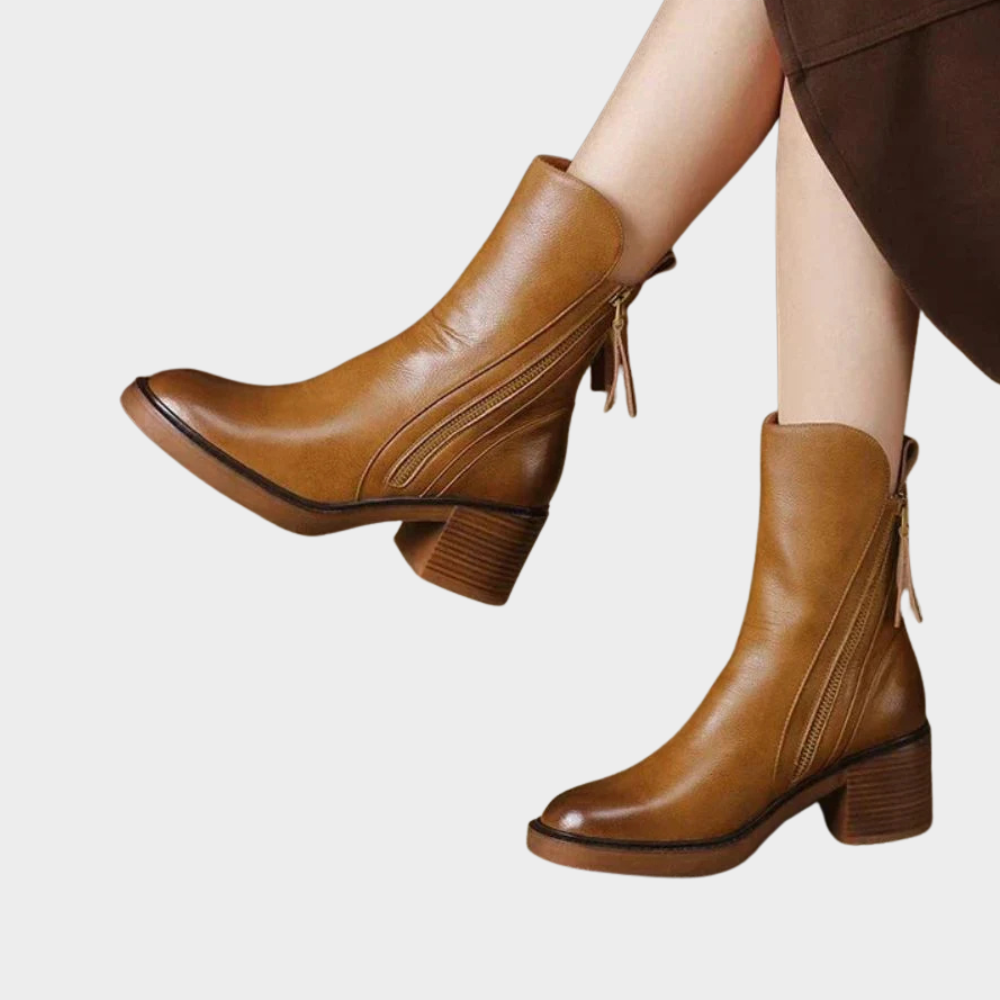 Women's Black Leather Ankle Boots in Brown