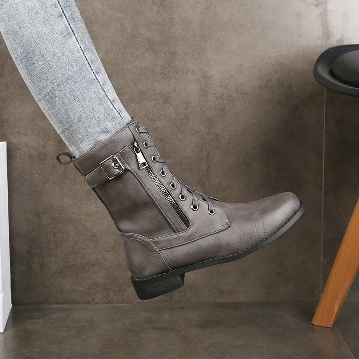 Women's Black Leather Boots with Edge in Grey