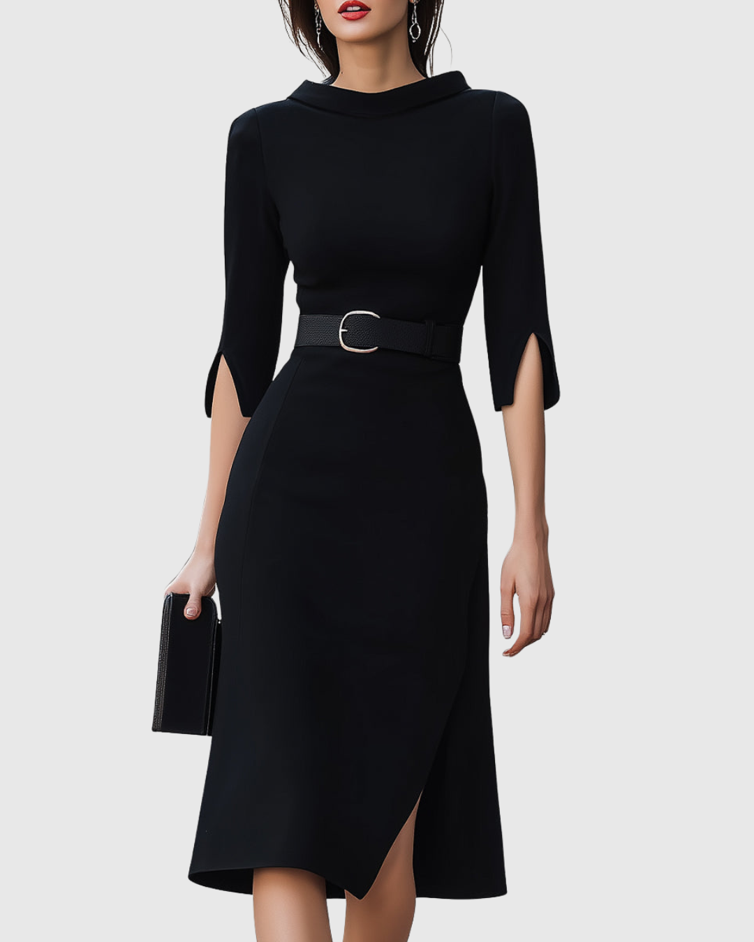 Women's Black Midi Fall Wedding Guest Dress in Black 1