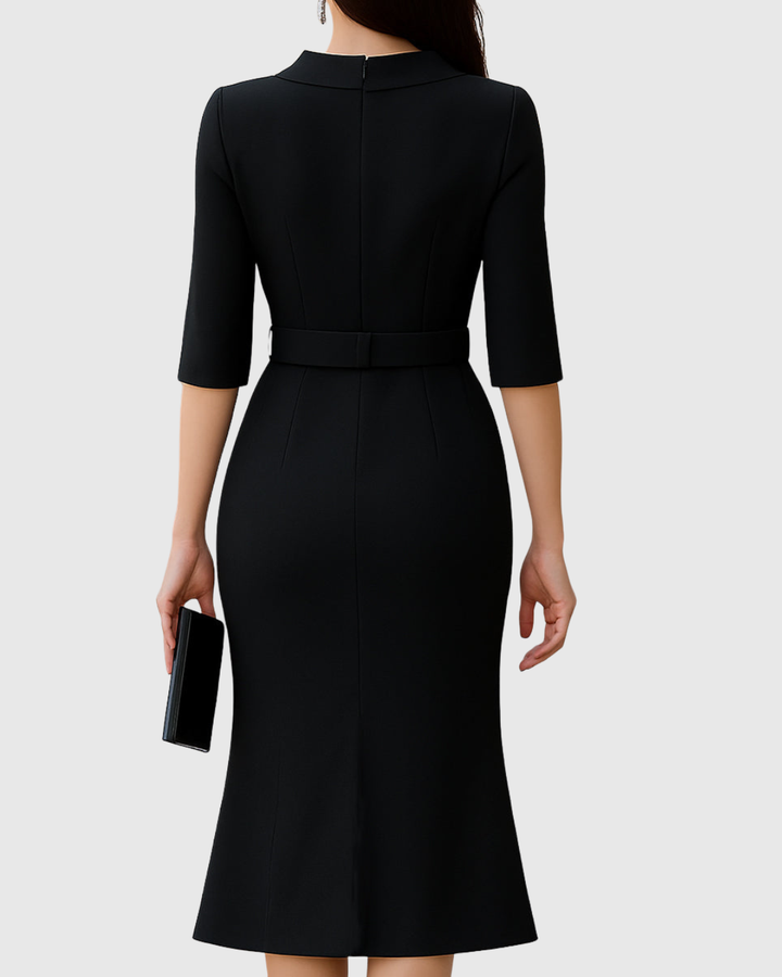 Women's Black Midi Fall Wedding Guest Dress in Black 2