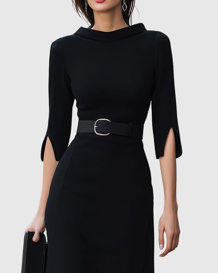 Women's Black Midi Fall Wedding Guest Dress in Black 3