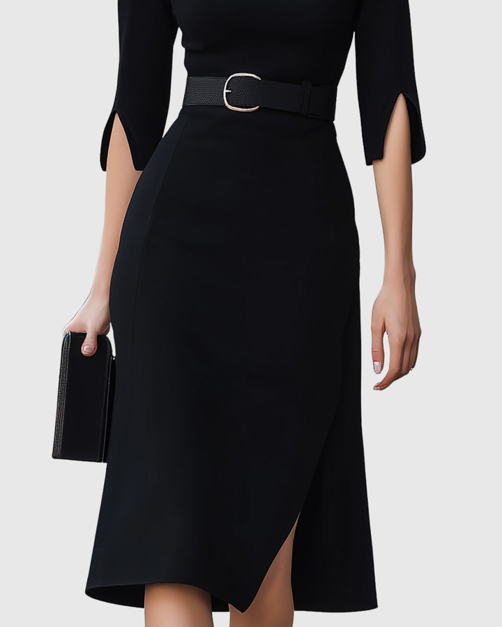 Women's Black Midi Fall Wedding Guest Dress in Black 4